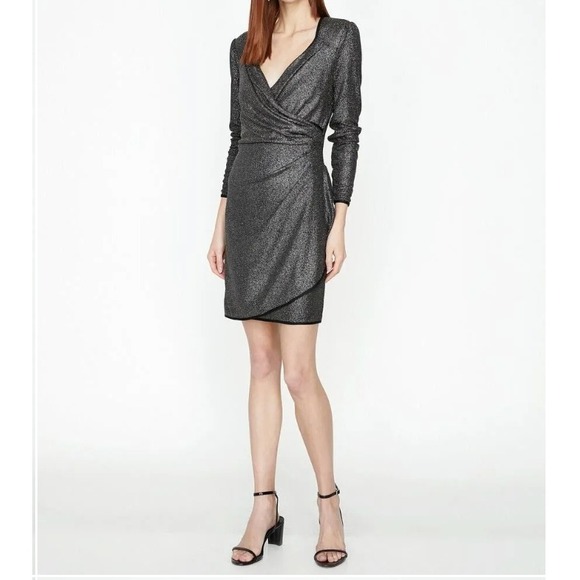 NEW KOTON‎ Shimmer Mini Dress Long Sleeve Party Cocktail Bodycon Black Silver M - Picture 6 of 9